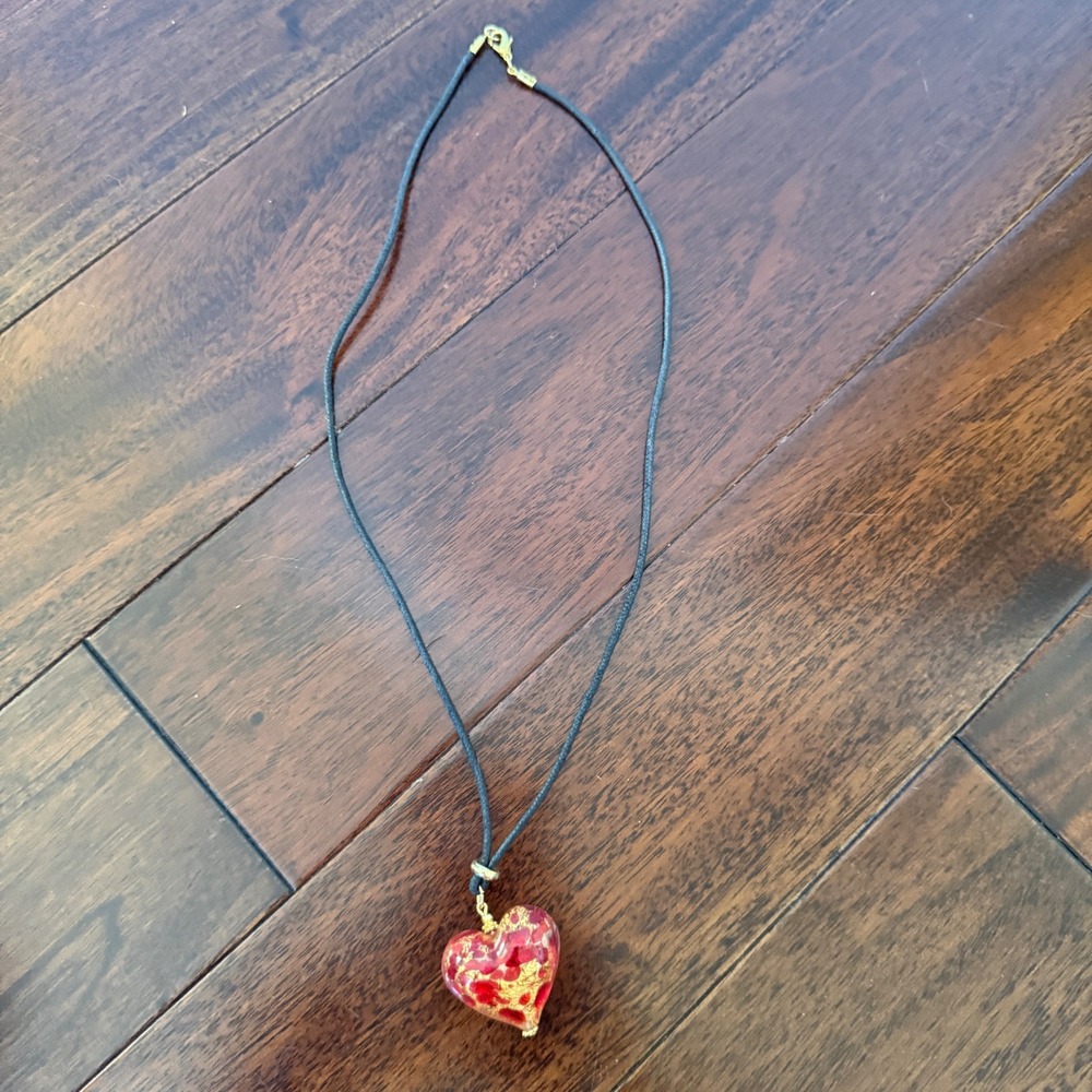 Murano Style Red Gold Foil Glass Heart Pendant Black Cord Necklace Artisan